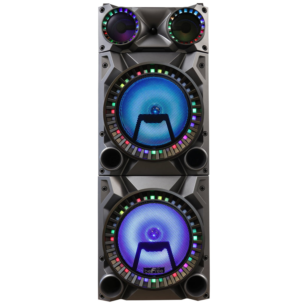 beFree Sound Rechargeable Bluetooth 12inch Double Subwoofer Portable Party Speaker with Dual Layer Reactive Party Lights, USB, SD and AUX Inputs with FM Radio