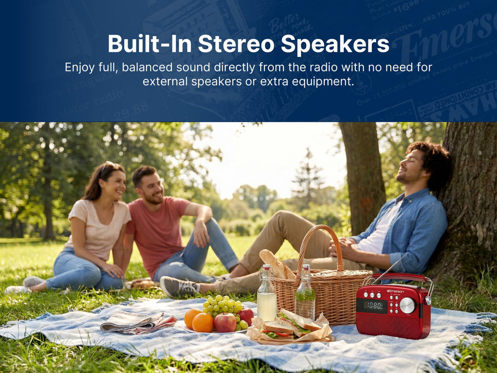 Emerson EAS-3010 Portable Bluetooth Radio with MP3 Player, Retro Style Wireless Speaker with AM/FM Tuner, Built-in 1200mAh Rechargeable Battery, 5W Stereo Sound, USB/TF/Aux-in, LCD Display