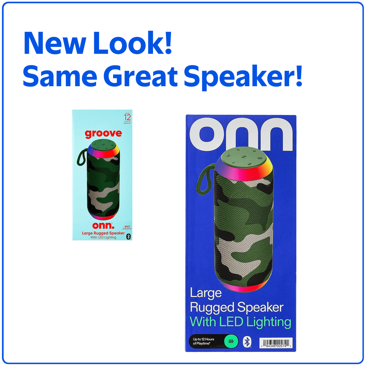 onn Large Rugged Speaker with Bluetooth Wireless Technology and LED Lighting, Camo