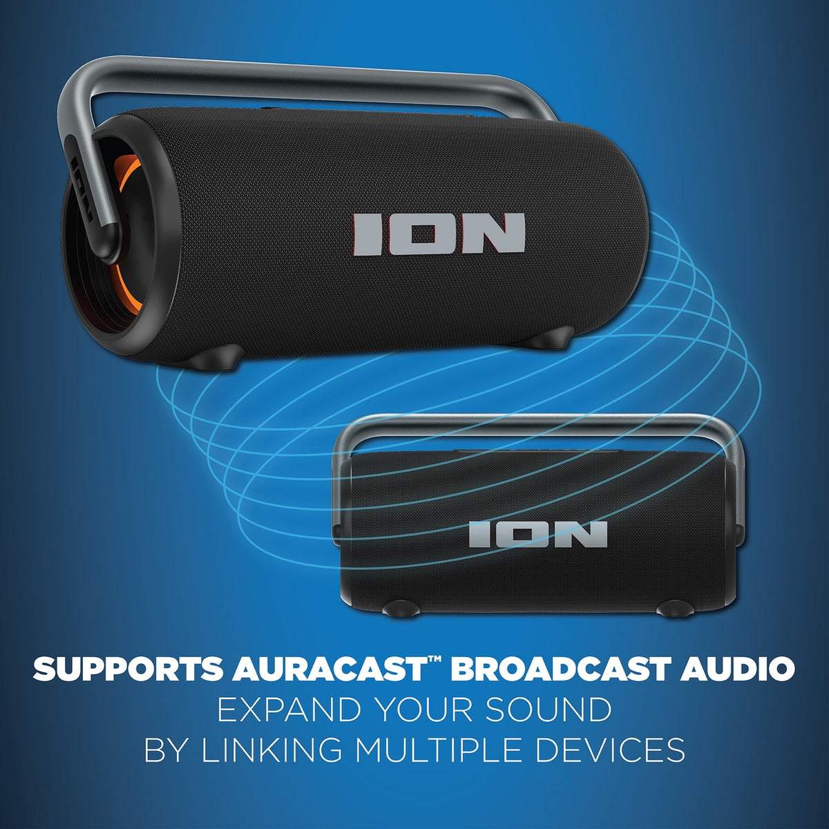 ION 110-Watt-RMS Hype XL Portable Bluetooth Rechargeable Speaker with Lights, Auracast, Mic, USB/Aux, Water-Resistant, up to 12 Hours of Play Time