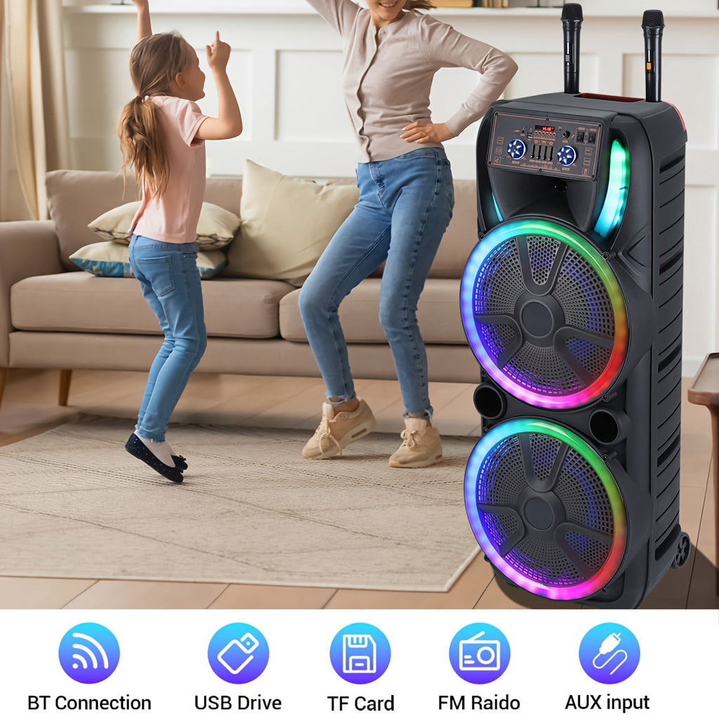 Lohoms Dual 15 inch Karaoke Speaker Party Speaker System W/ 2 Microphone Portable Party Box Loud Big Speaker Wireless Bluetooth Stereo Rechargeable Remote Control LED Lighting