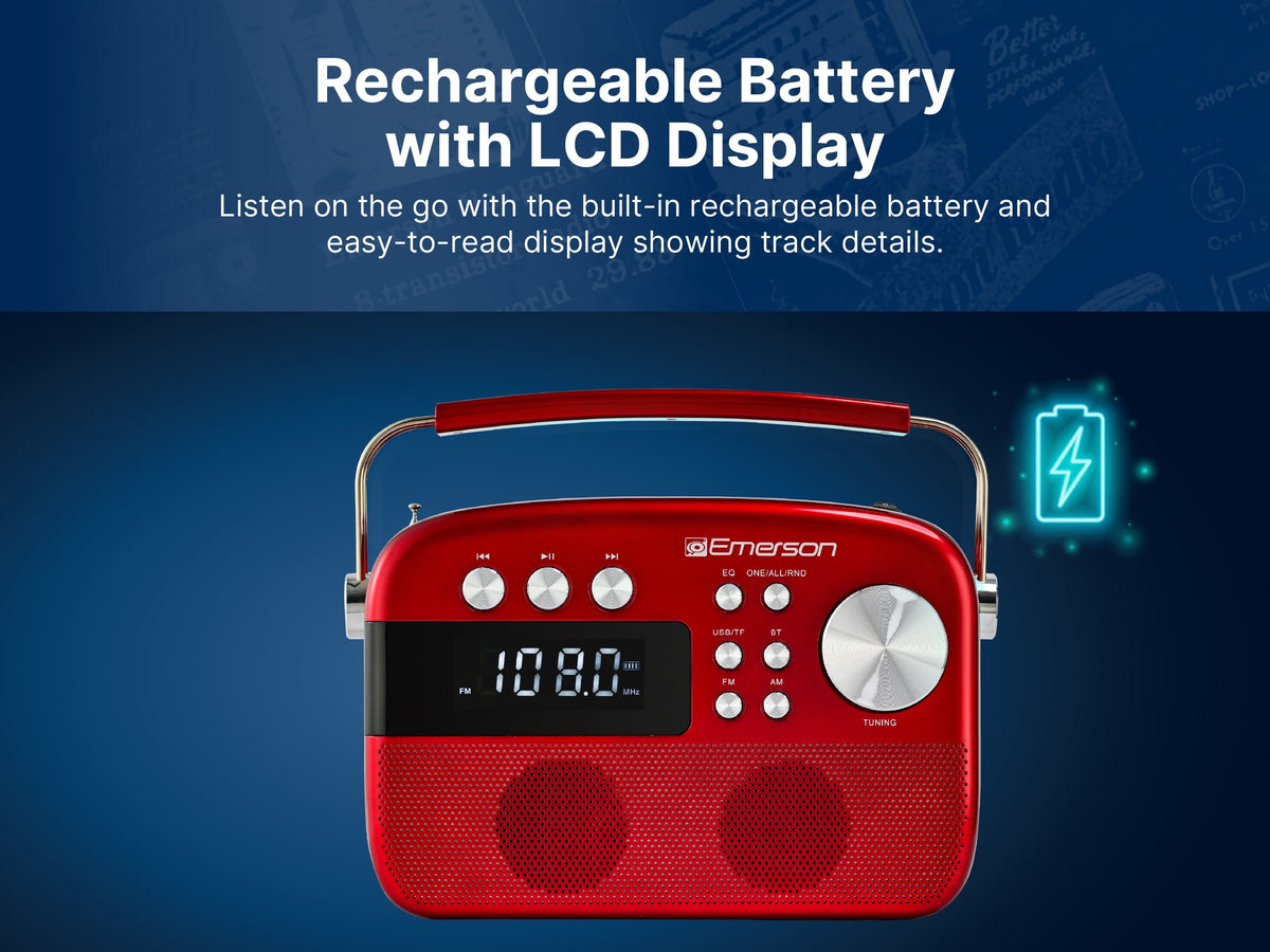 Emerson EAS-3010 Portable Bluetooth Radio with MP3 Player, Retro Style Wireless Speaker with AM/FM Tuner, Built-in 1200mAh Rechargeable Battery, 5W Stereo Sound, USB/TF/Aux-in, LCD Display