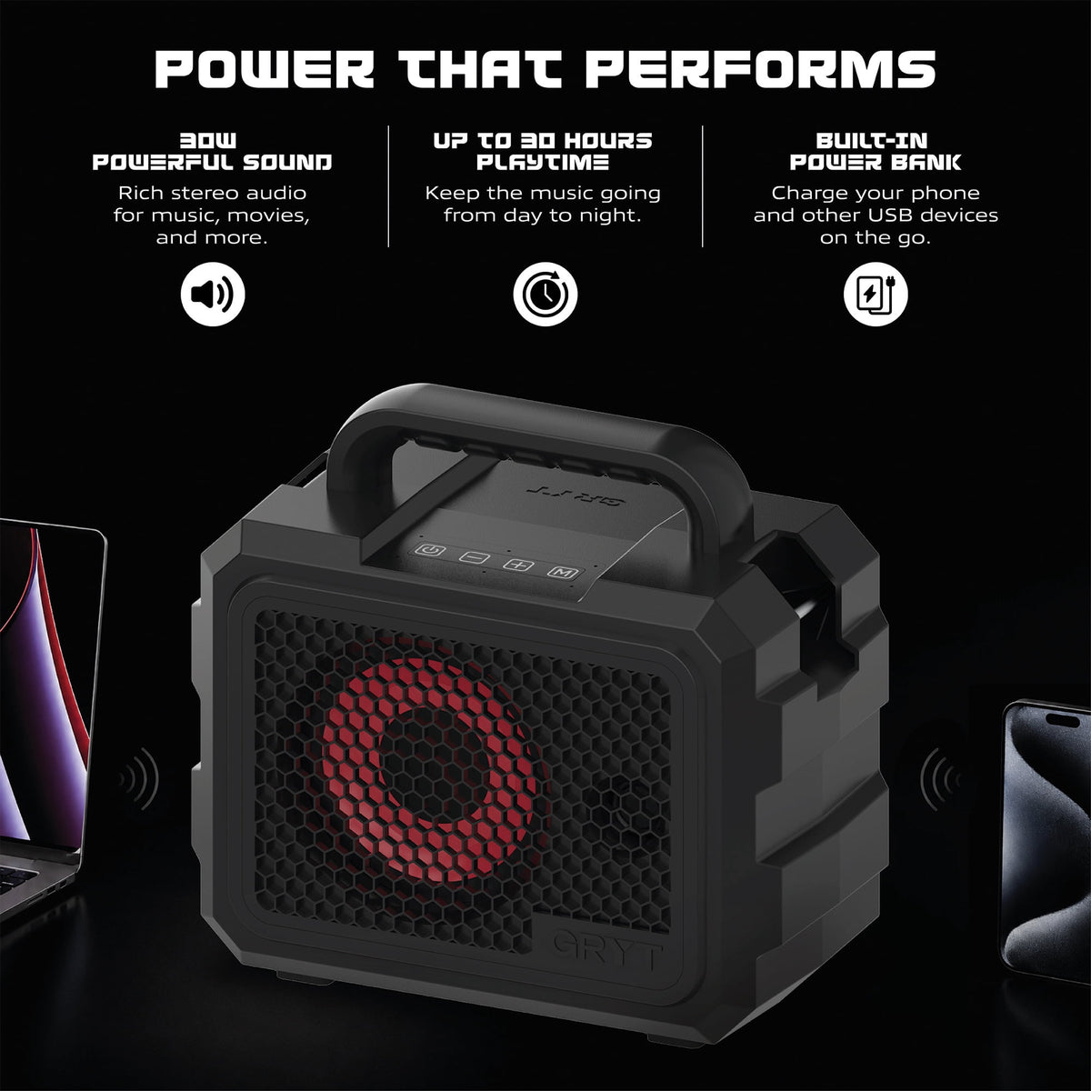 GRYT Bedrock Ultra-Rugged Portable Waterproof Bluetooth Speaker, Black