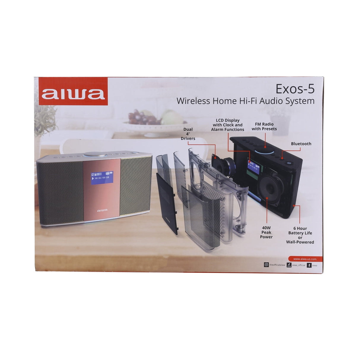 Aiwa Exos-5 Wireless Bluetooth Hi-Fi Home Speaker with FM Radio, Alarm Clock and Remote Control for Home Audio