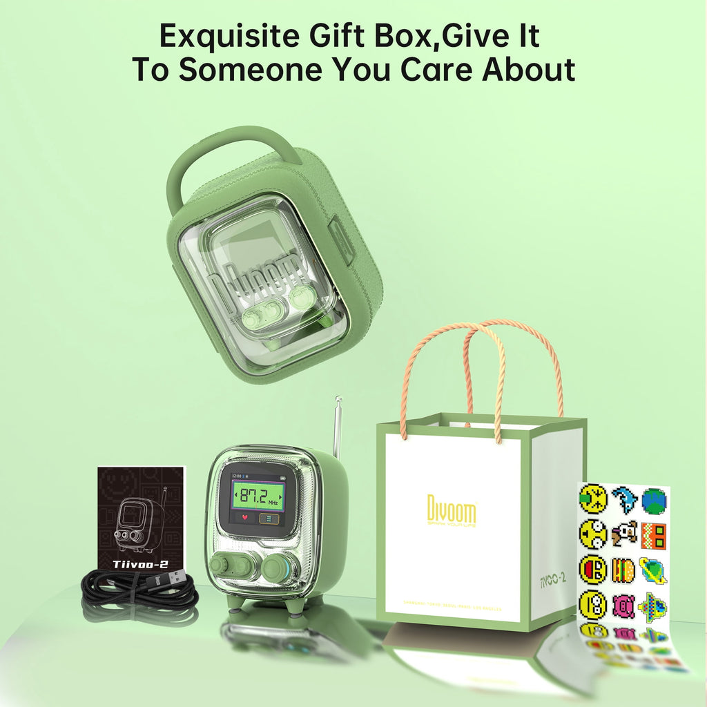 Divoom Tivoo-2 Portable Bluetooth Speaker with FM Radio, Pixelart Retro Mini Wireless Speaker, Vintage Green
