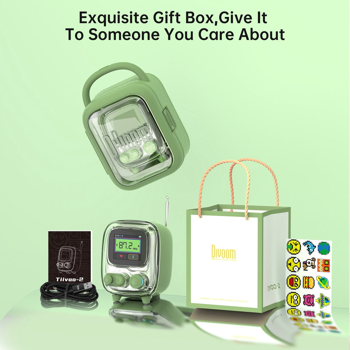 Divoom Tivoo-2 Portable Bluetooth Speaker with FM Radio, Pixelart Retro Mini Wireless Speaker, Vintage Green