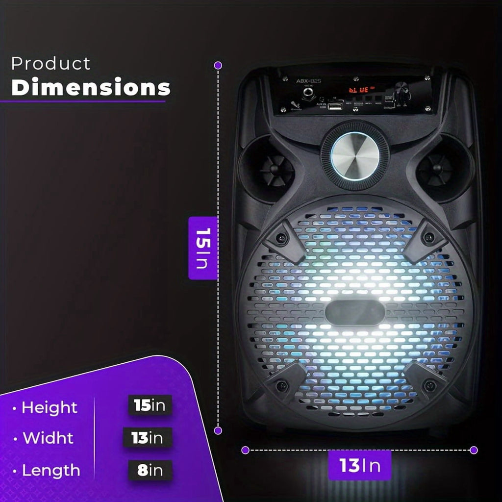 1100W Portable PA Speaker with 8" Subwoofer, Bluetooth, 7-Color LED, Rechargeable Battery, USB/SD/AUX, Includes Wired Mic & Stand for Outdoor Party