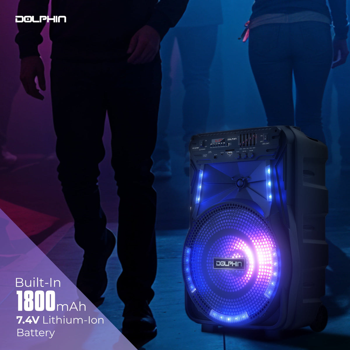 Dolphin SP-1217RBT 12-Inch Rechargeable Bluetooth Party Speaker – High Power Sound, TWS Compatibility, LED Lights, 5-Band Equalizer, Portable Design with Trolley and Wheels