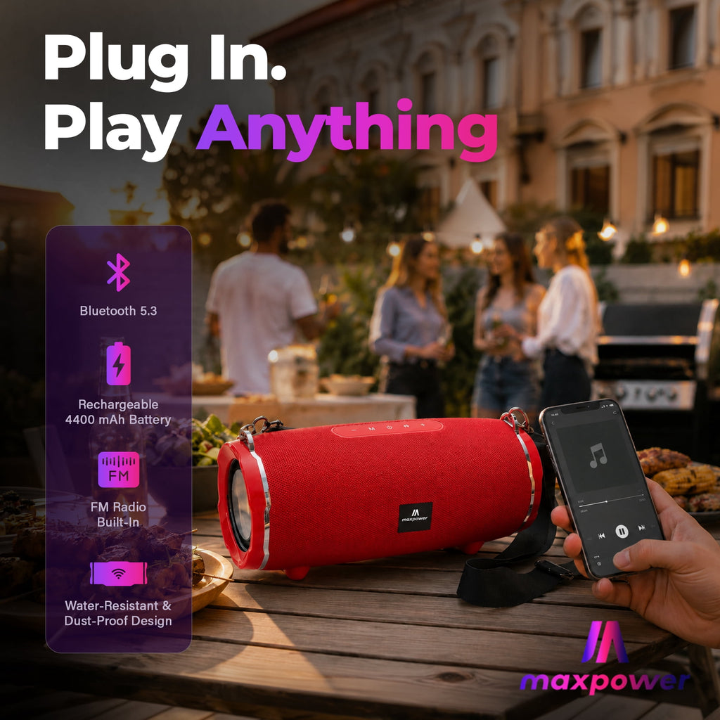 Max Power Encore Wireless Bluetooth 5.3 Speaker with Adjustable Shoulder Strap, Red