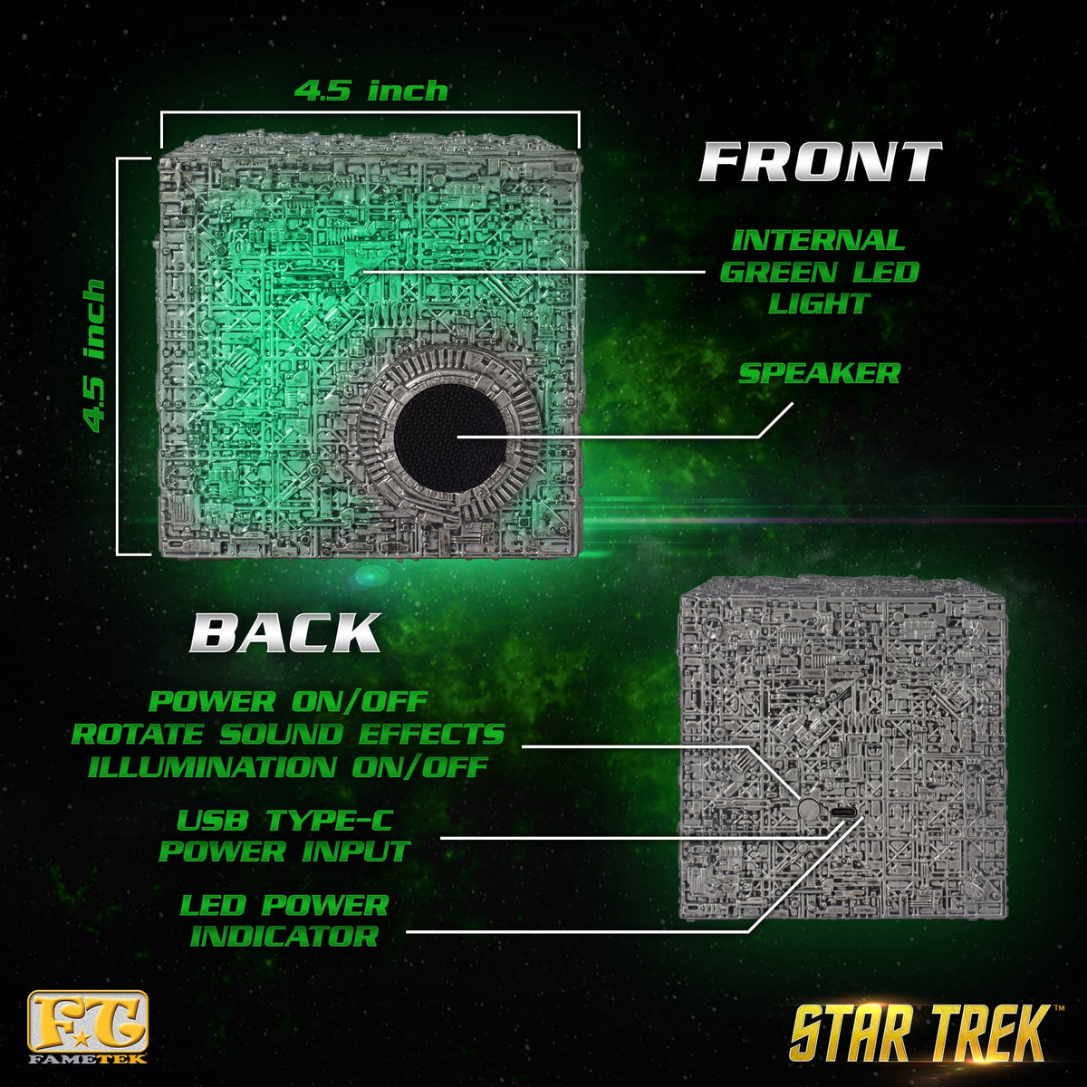 Star Trek Borg Cube Bluetooth Speaker with Green Illumination, Sound Effects & Borg Quotes