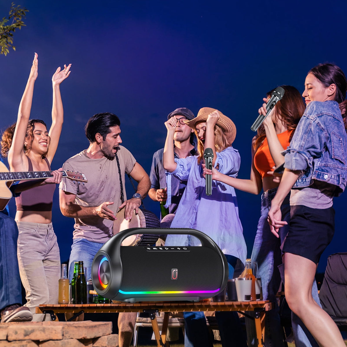 FanFun Waterproof Bluetooth Speaker, Portable Speaker with LED Light, Outdoor Speaker for Party, Stereo Sound, Deep Bass, D20