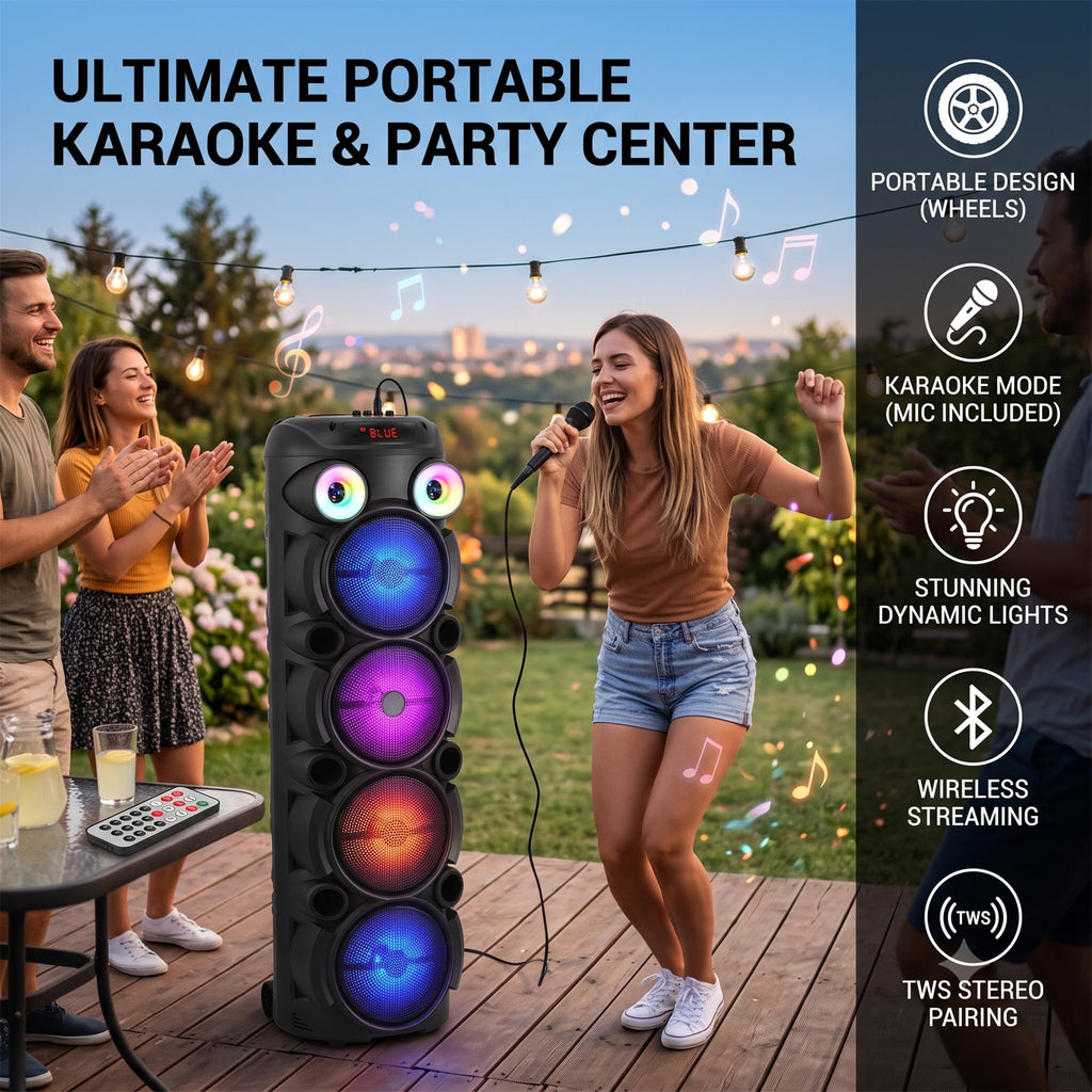 Lohoms Triple 8" Bluetooth Party Speaker, Portable Karaoke Machine & Outdoor PA Sound System with Powerful Stereo Sound, LED Lights, Wireless Mic, TWS Pairing, FM, USB, TF & AUX