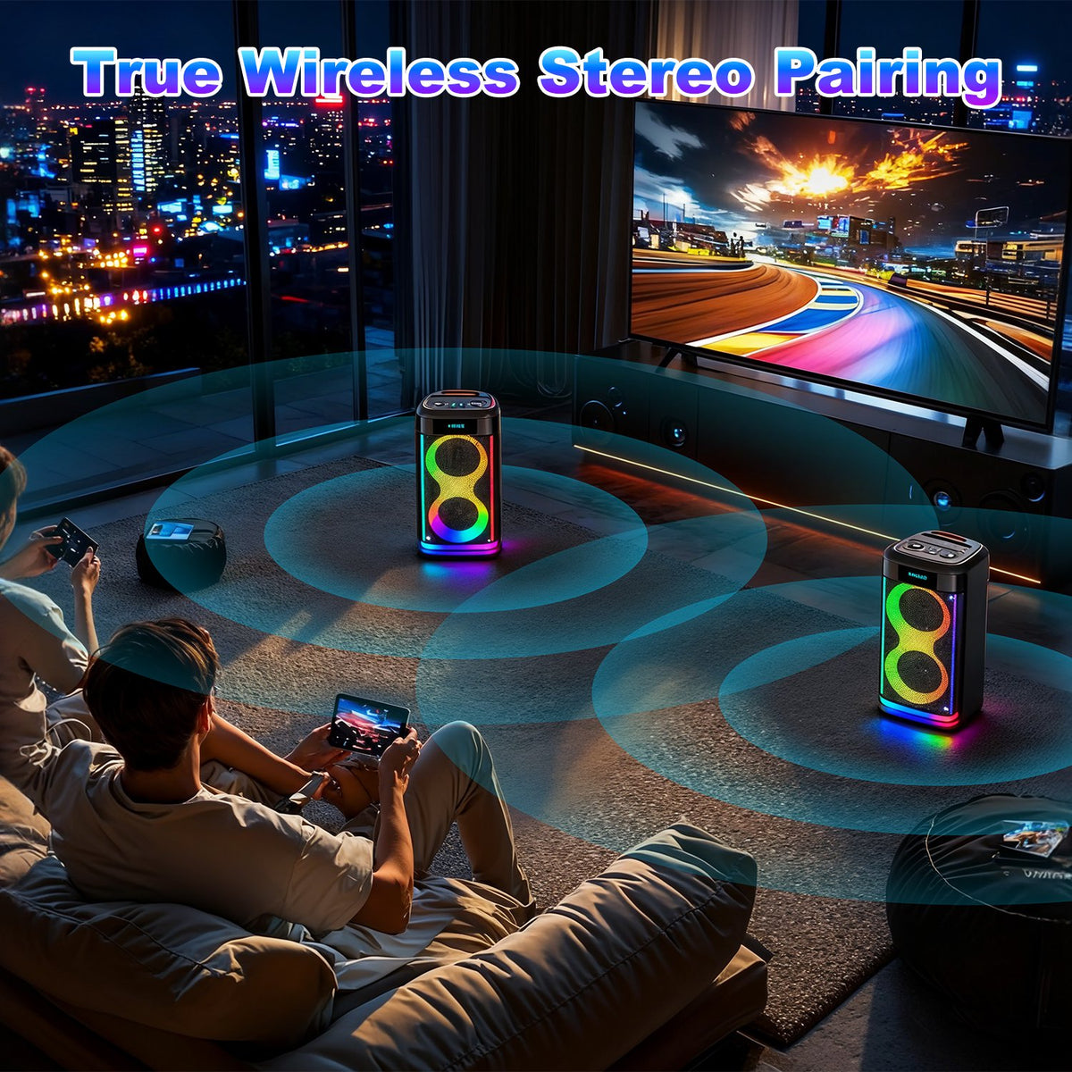 Imountek Portable Wireless Party Speaker with LED Lights, Wireless Mic, Remote, TWS, FM Radio, 10H Playtime, IPX6