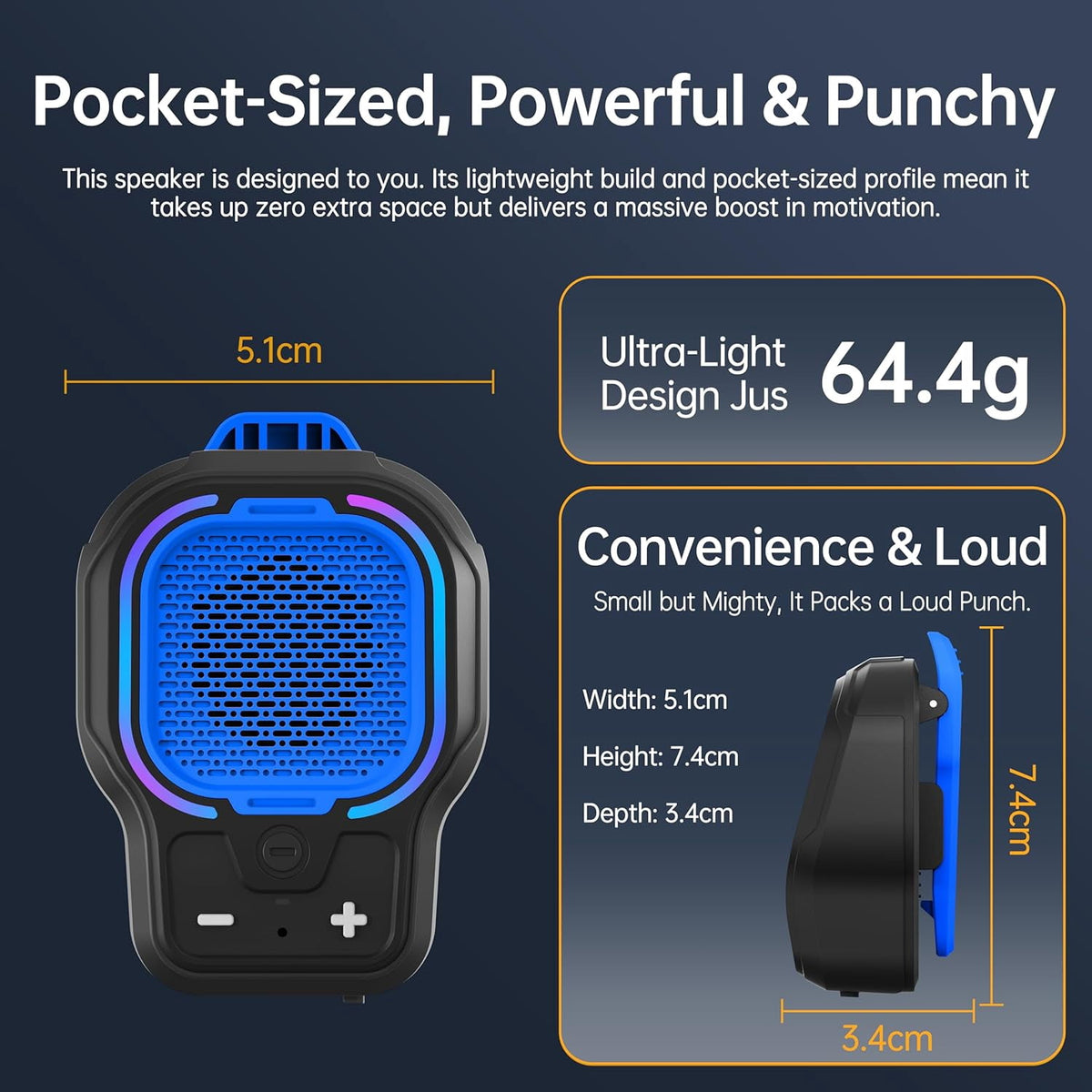 Wearable Bluetooth Speaker, Small Clip-on Wireless Portable Speaker, 10H Battery, IPX6 Waterproof Mini Speaker, 3 Light Modes with Mic, for Hands-Free Music Call Outdoor Work, Gift for Dad, Black