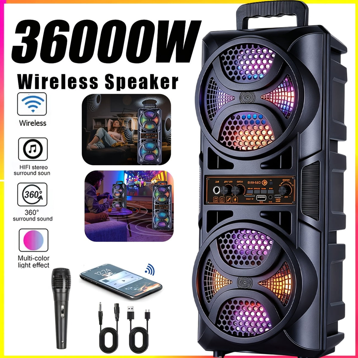 Portable Large Speaker with Subwoofer & Microphone for Karaoke, BT/USB/TF/AUX/FM/TWS Compatible, USB PartyBox with LED, for Parties, Theater, Ideal Gift for Birthdays & Christmas