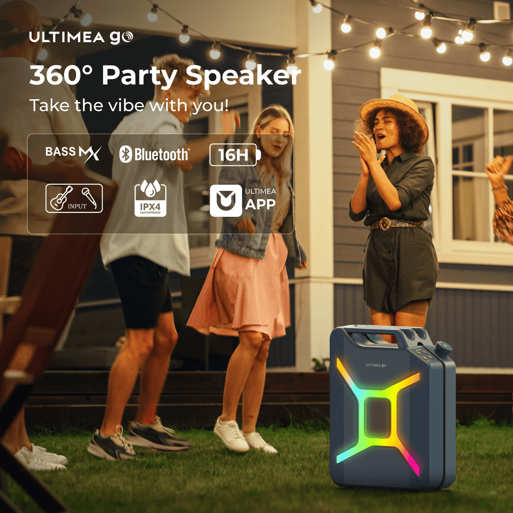 ULTIMEA Go Portable Party Speaker, 300W Wireless PartyBox with Bass Boost, RGB Light, TWS Stereo, Auracast Mode, Mic/Guitar Input, APP Control, Large Bluetooth Speaker for Party Outdoor (Black+Red)