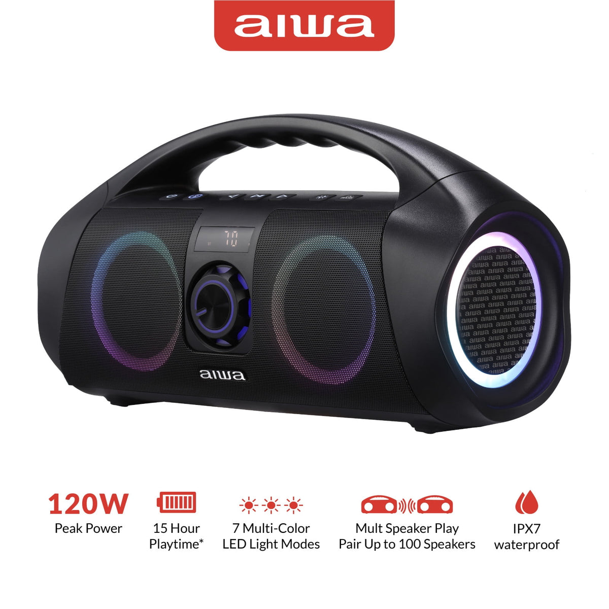 Aiwa Wireless Boombox Bluetooth Speaker, 120W Peak Power, IPX7 Waterproof, 15Hr Playtime, 7 LED Light Modes, USB-C Fast Charging, True Wireless Pairing, Outdoor & Party Speaker