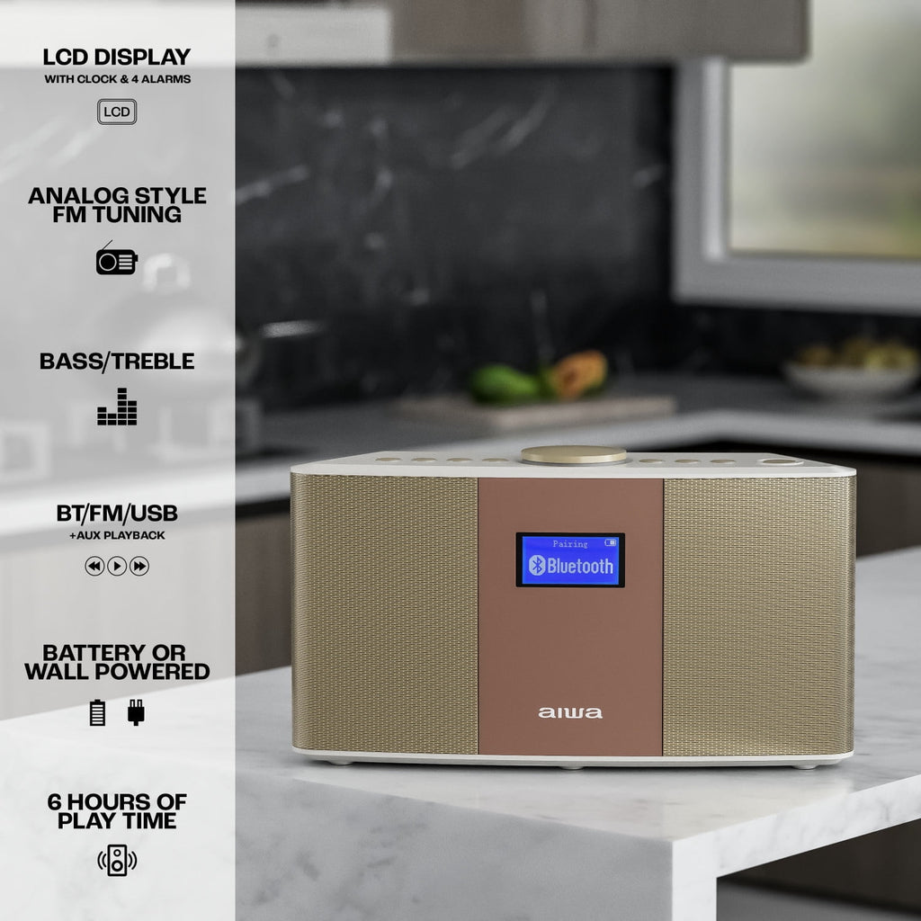 Aiwa Exos-5 Wireless Bluetooth Hi-Fi Home Speaker with FM Radio, Alarm Clock and Remote Control for Home Audio