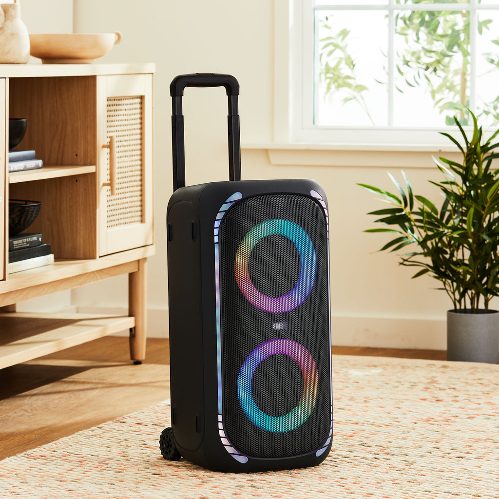 Onn Large Party Speaker Gen 2 with LED Lighting, IPX4 Water-Resistant, 4 Speakers, Black