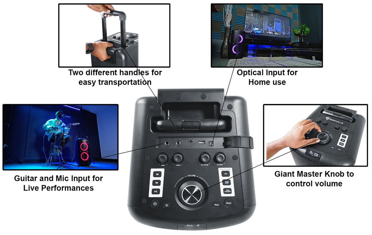 Rockville ELITE PARTY 65 Bluetooth Party Speaker System, 2000W Peak, Dual 6.5 in Woofers, Karaoke Effects, Lights, Wheels