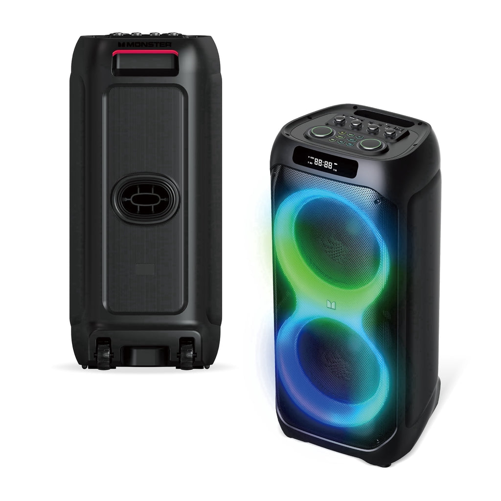 Monster Party Flux Portable Bluetooth Party Speaker, 200W Peak Power, Dual 8-Inch Drivers, RGB LED Lights, Karaoke Mode, TWS Pairing, IPX5 Water Resistant, 6-Hour Battery, Black