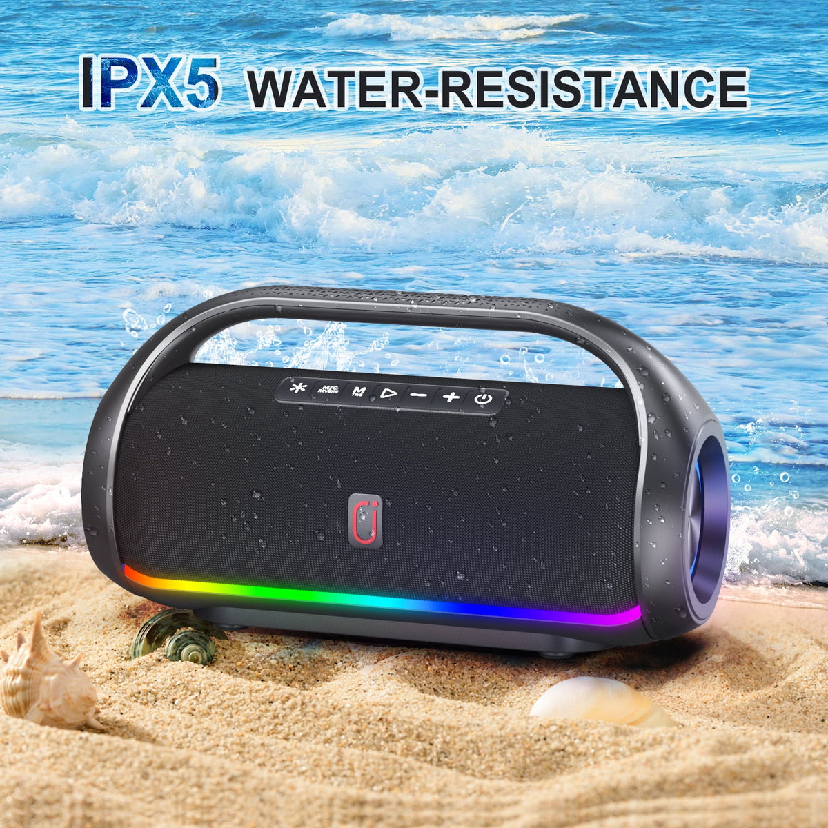 FanFun Waterproof Bluetooth Speaker, Portable Speaker with LED Light, Outdoor Speaker for Party, Stereo Sound, Deep Bass, D20