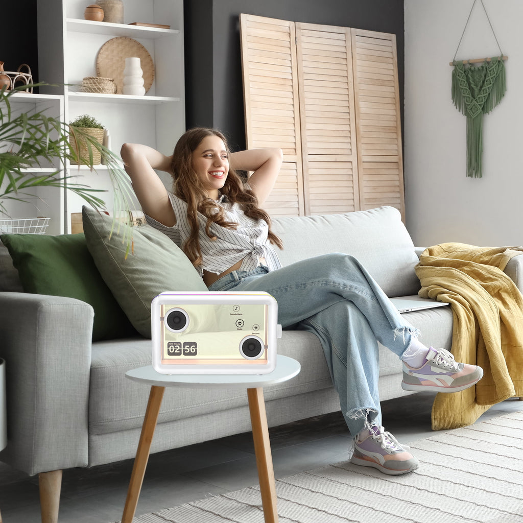 BESTSKI Bluetooth Speaker,with HD sound Hi-Fi Soundbar Speaker and Transparent Glass Screen, Dynamic Floating Lyrics, Digital Frame Function, LED Light Show,2.4G Wifi - Black