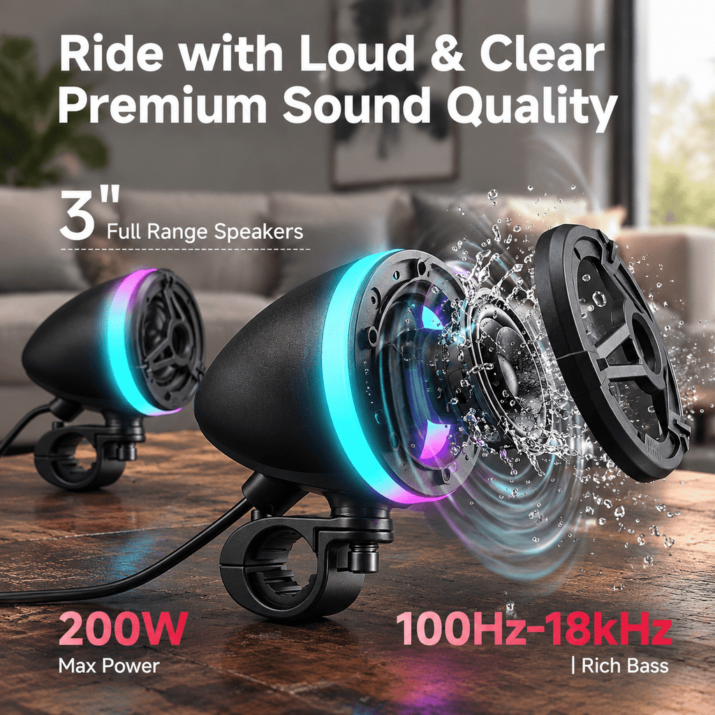 Portable Speakers, 3-inch Full Range Sound System with 50W RMS, IP66 Waterproof, Sync for Group Rides