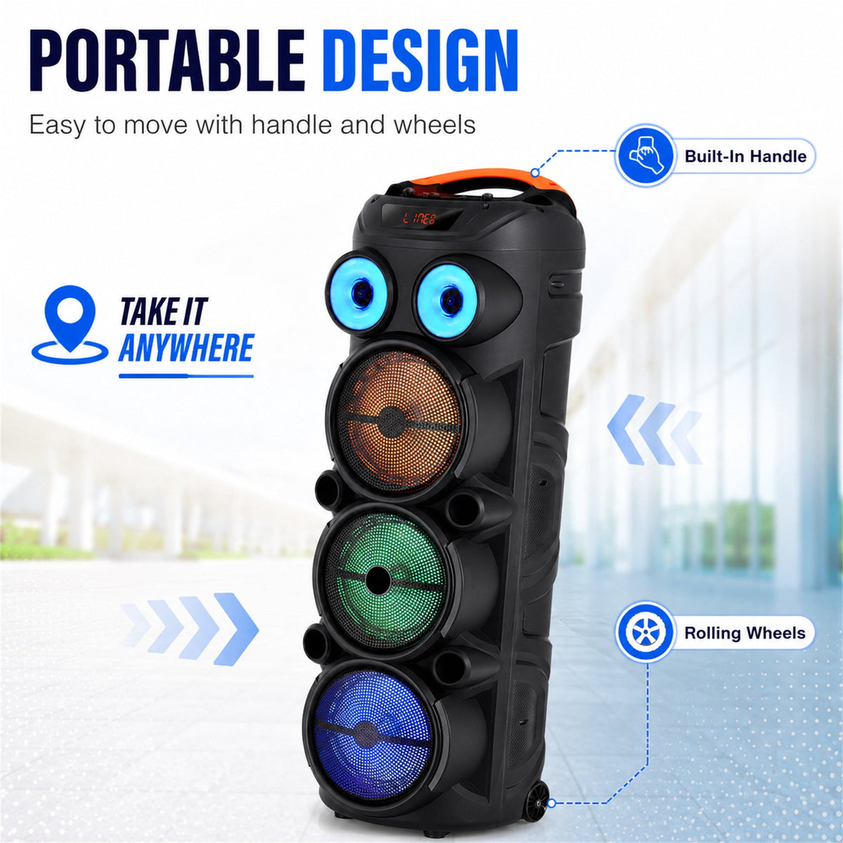 Lohoms Triple 8" Bluetooth Party Speaker, Portable Karaoke Machine & Outdoor PA Sound System with Powerful Stereo Sound, LED Lights, Wireless Mic, TWS Pairing, FM, USB, TF & AUX