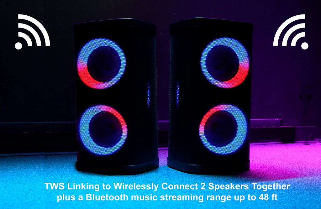 (2) Rockville BASS PARTY 65 V2 Rechargeable LED Wireless Link Bluetooth Speakers