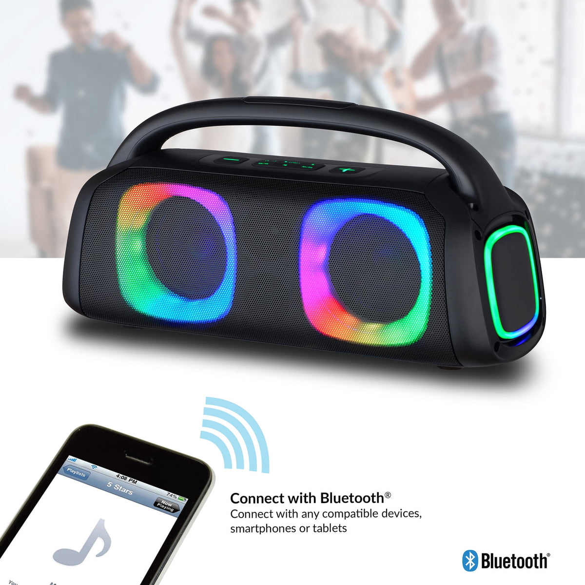 IQ Sound Bluetooth Boom Box Speaker with FM Radio, RGB Light Show, and Remote, True Wireless, Black, IQ-3540BT, IQ-3540BT