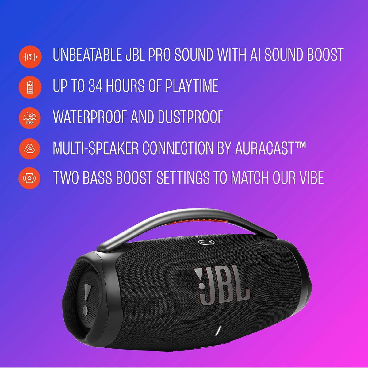 JBL Boombox 4 Portable Waterproof Bluetooth Speaker with Electronics Expo Gear Weather-Resistant Hard-Shell Travel Case – Powerful Bass, 34-Hour Playtime, IP68 Waterproof, Auracast, BLACK
