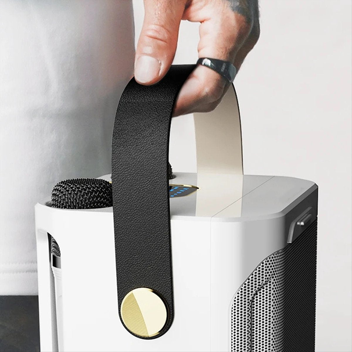 High Power Karaoke Bluetooth Speaker Portable 360 Stereo Surround Wireless Subwoofer with Dual Microphone White