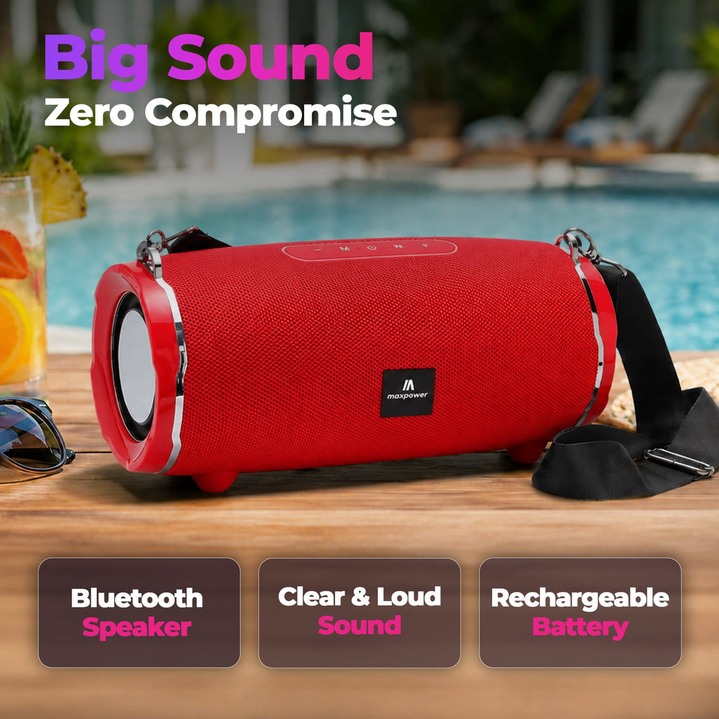 Max Power Encore Wireless Bluetooth 5.3 Speaker with Adjustable Shoulder Strap, Red