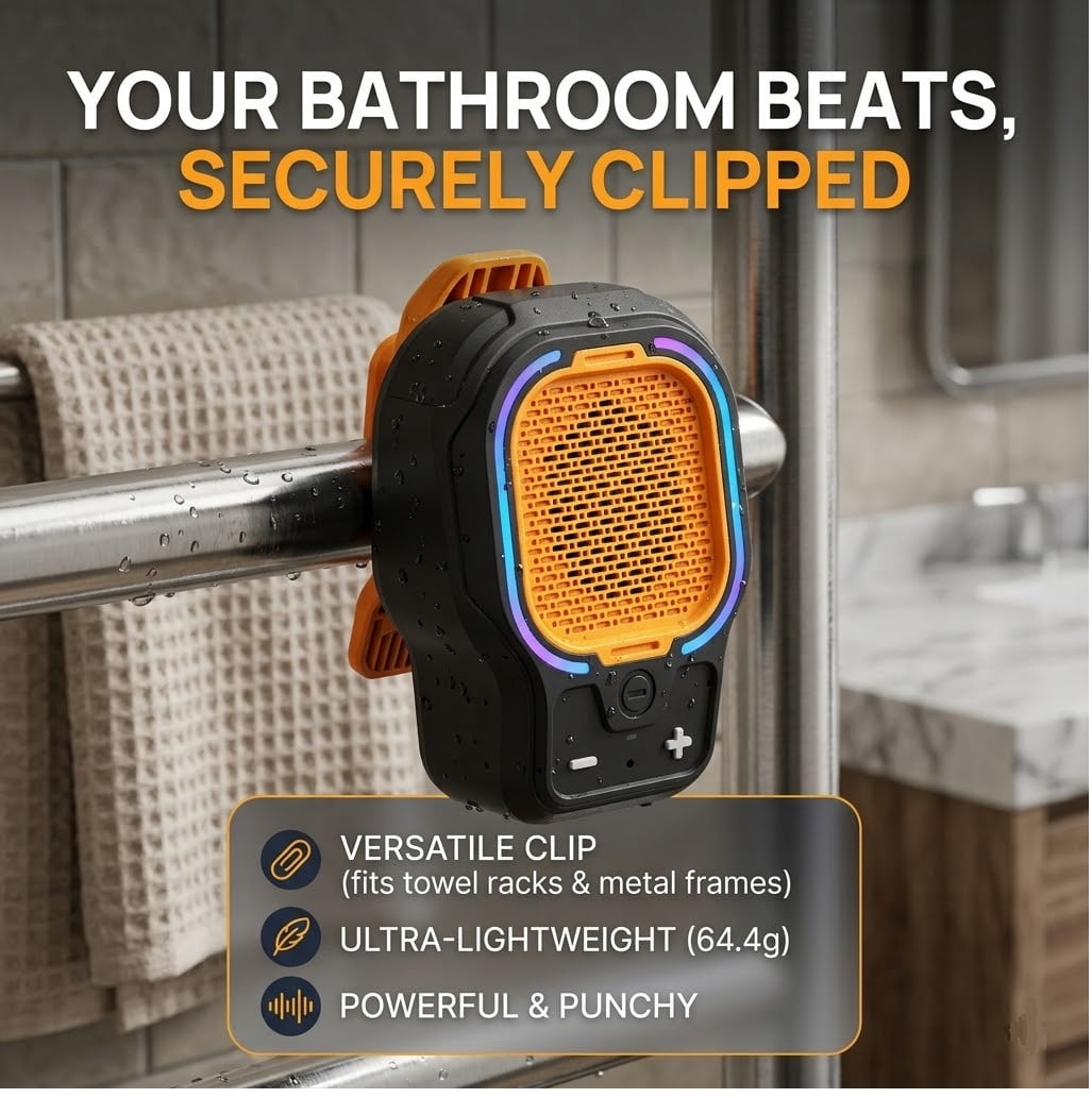 Wearable Bluetooth Speaker, Small Clip-on Wireless Portable Speaker, 10H Battery, IPX6 Waterproof Mini Speaker, 3 Light Modes with Mic, for Hands-Free Music Call Outdoor Work, Gift for Dad, Black