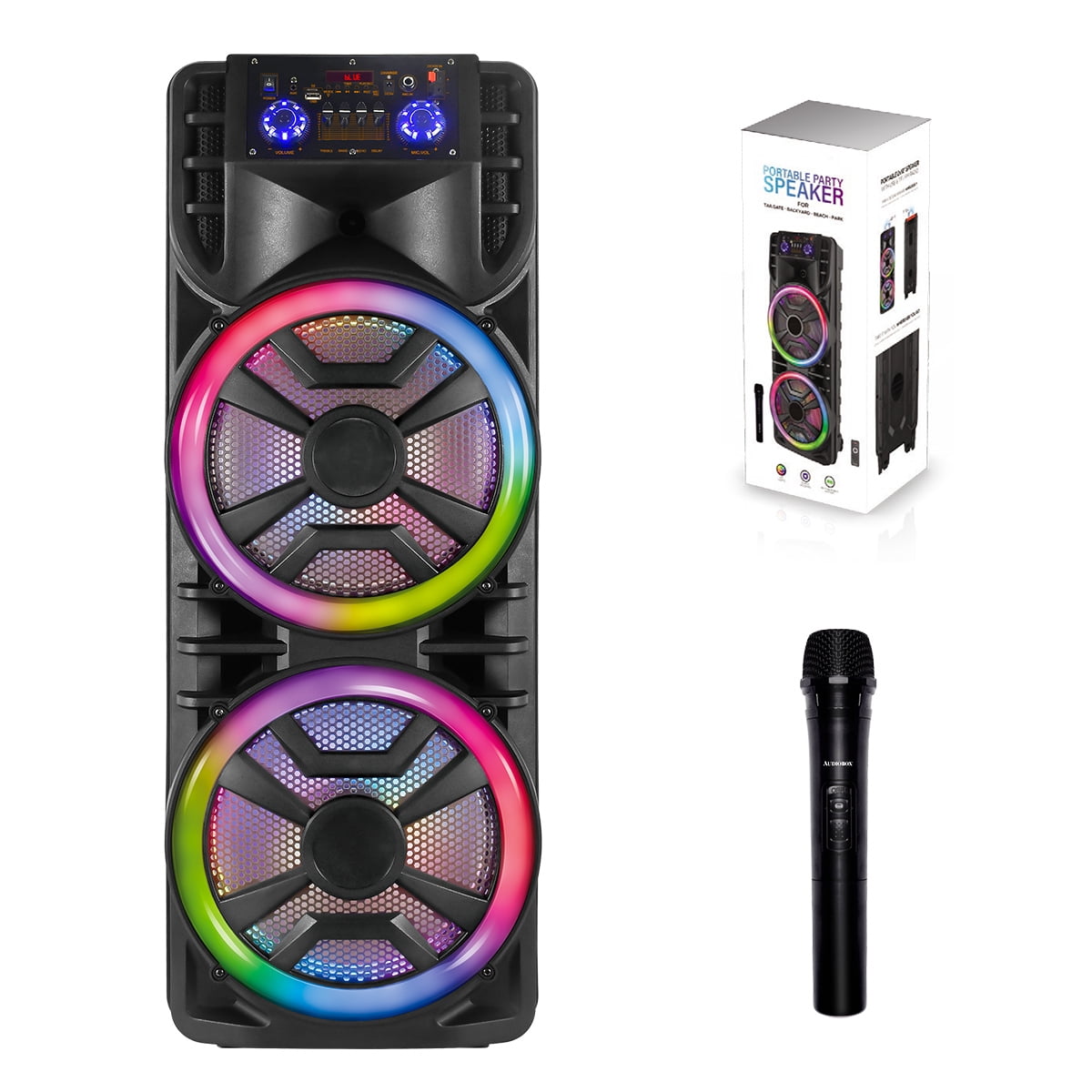 Curuk Wireless Speaker With Wireless Mic, 2800W Portable Bluetooth Speaker Dual 12” Subwoofer Heavy Bass Party DJ PA Sound System FM Mic LED Light