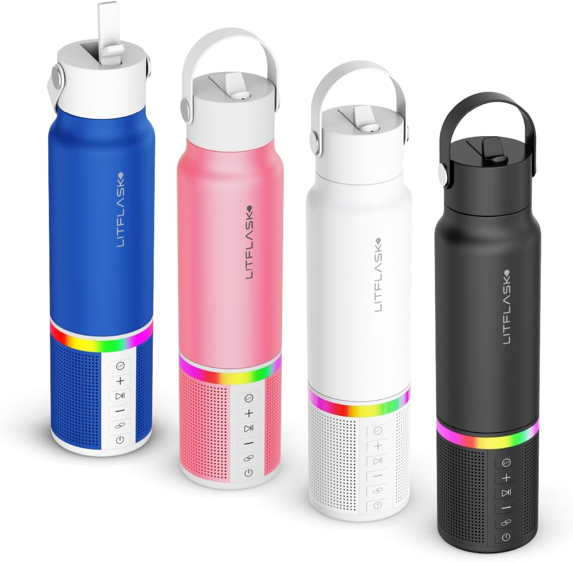 LITFLASK Smart Water Bottle with Premium Bluetooth Speaker, White, Portable Charger, LED Light, Stainless Steel, Mix & Match Colors, 20oz - Oprah's Favorite Things 2024