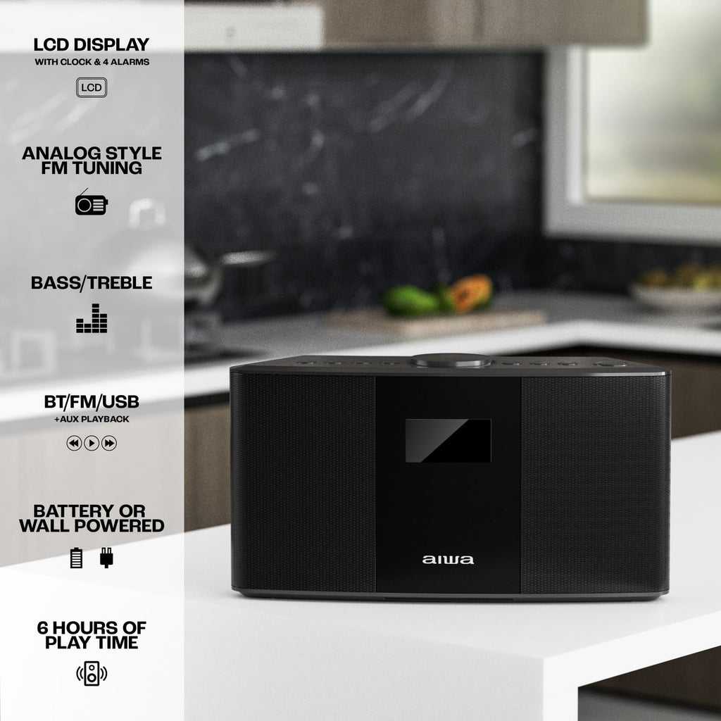 Aiwa Exos-5 Wireless Bluetooth Hi-Fi Home Speaker with FM Radio, Alarm Clock and Remote Control for Home Audio