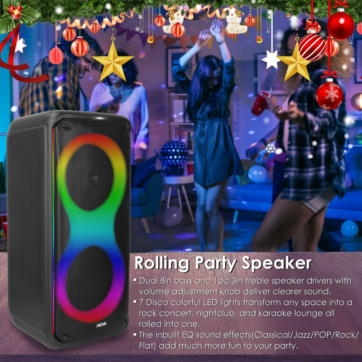 Moclever Portable Wireless Party Speaker with TWS Function FM Radio USB MMC Card Reading Aux In Recording Function Mic Priority, 7 Colorful Lights, Remote Control, Black