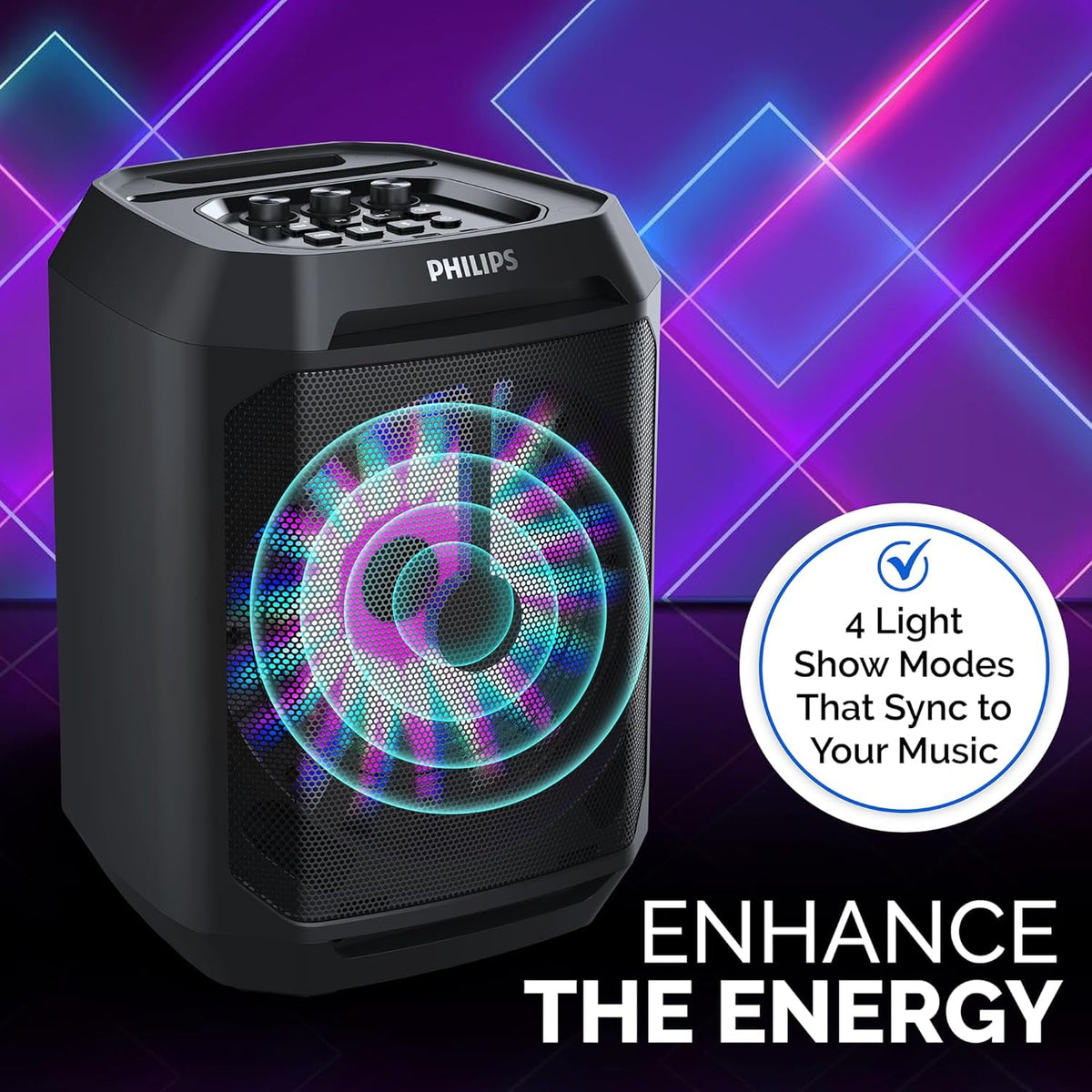 Philips Portable Bluetooth Party Speaker with 8-Inch Woofer and Dynamic Bass Boost, 30W, 7Hrs Play Time, USB-C, Black