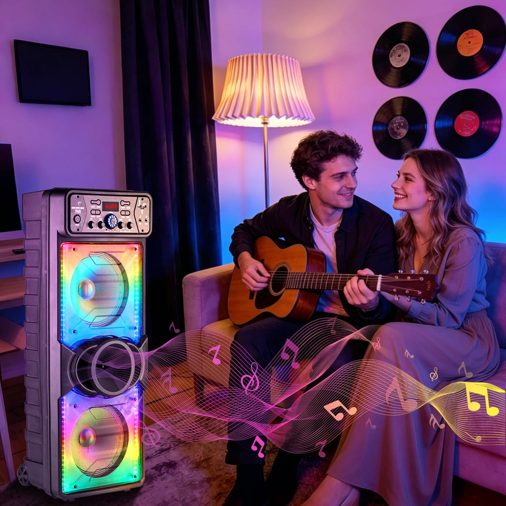 Dazone Dual 10" Bluetooth Speaker High Powered Rechagreable Wireless PA System Subwoofer Tweeter With AUX Microphone Karaoke LED Lights