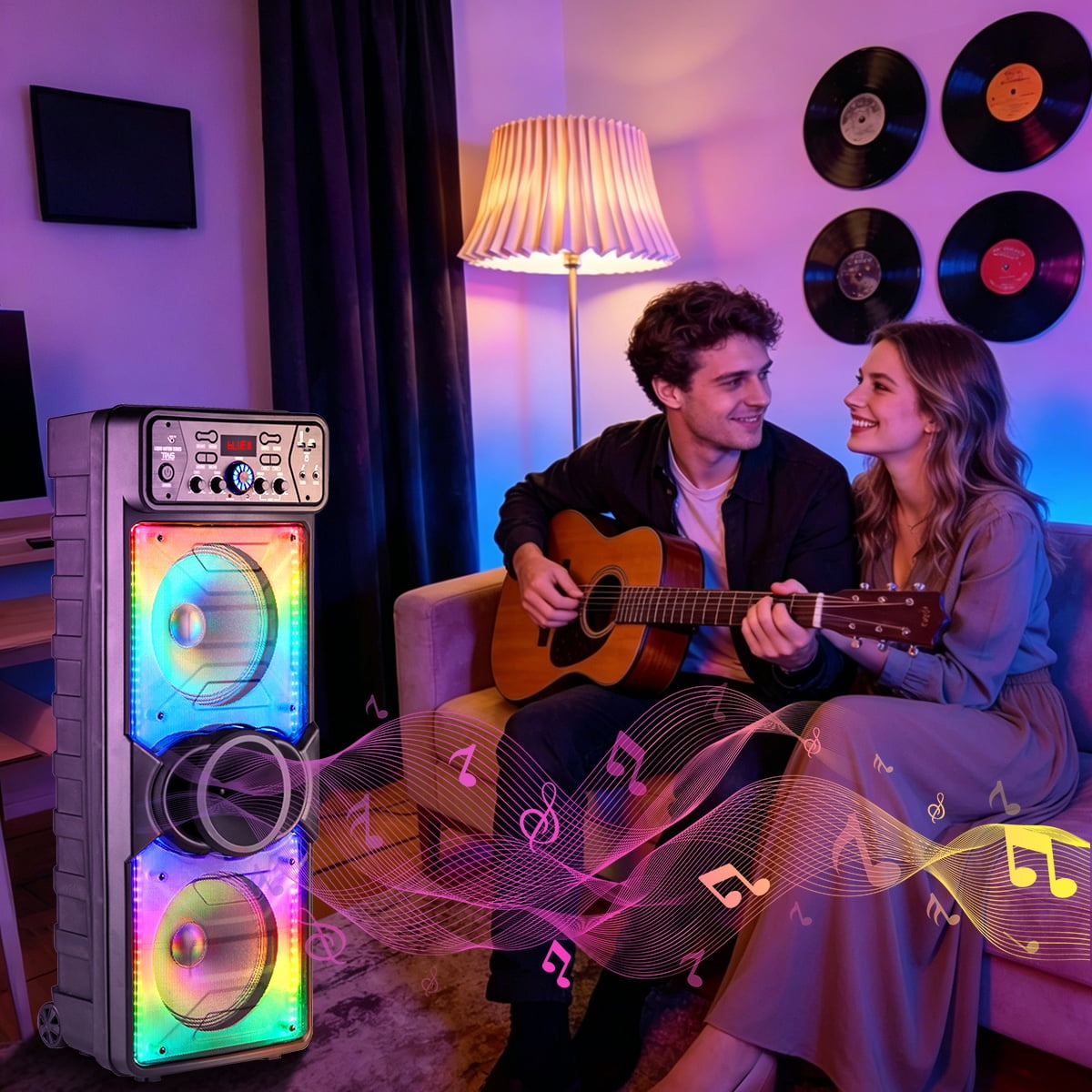 Dazone Dual 10" Bluetooth Speaker High Powered Rechagreable Wireless PA System Subwoofer Tweeter With AUX Microphone Karaoke LED Lights