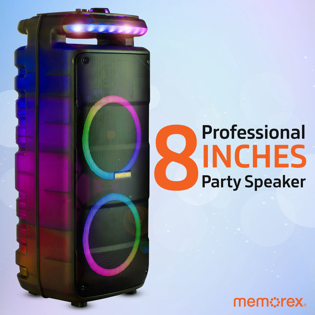 Memorex MX-PS821 Twin 8” Rechargeable Party Speaker | Bluetooth 5.0, LED Lighting, 40W RMS, 400W PMPO | TWS Pairing, Microphone Input, SD/USB/FM Radio | 25H Battery Life | Portable Wireless Speaker