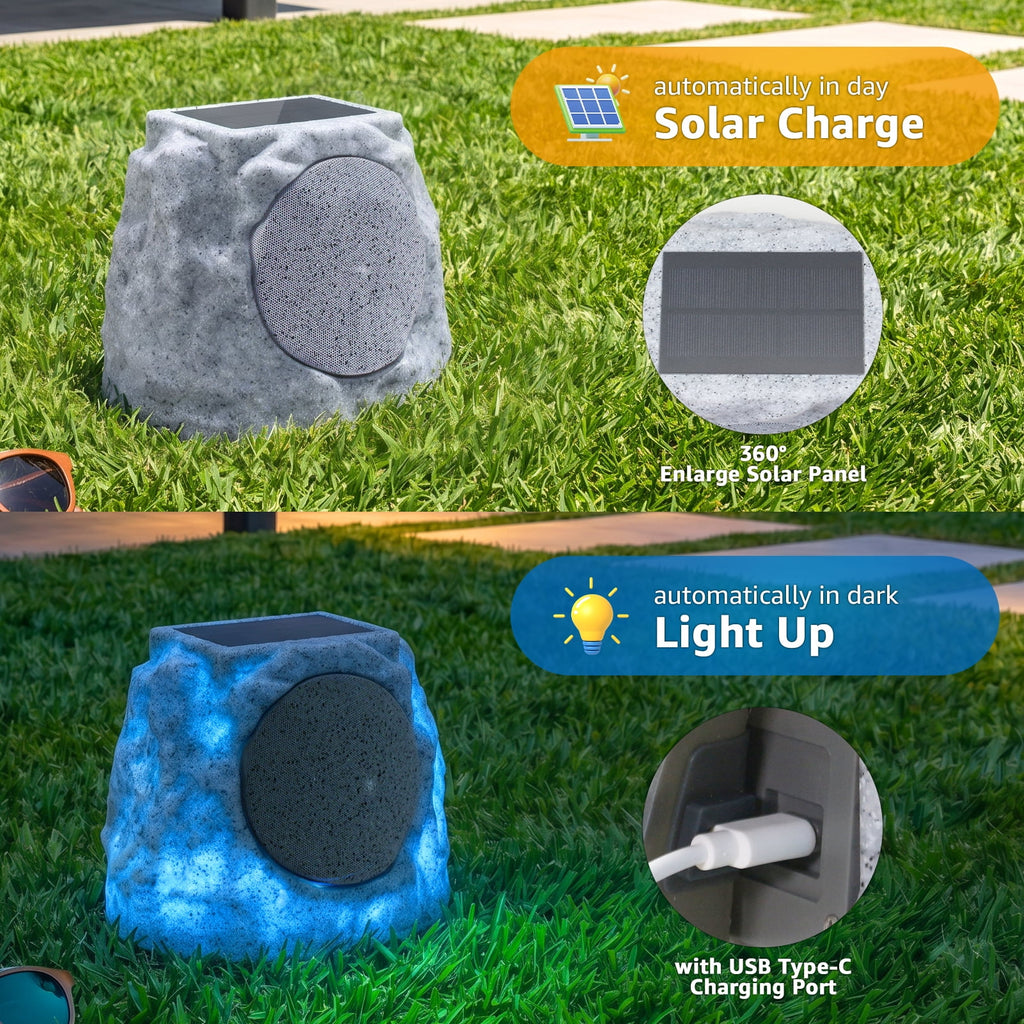 NiceBuy 2-Pack 8.1" Bluetooth Rock Speakers, Powerful Sound Solar Outdoor Wireless TWS Stereo Speaker with RGB Colorful LED Light for Indoor Outside Patio Garden