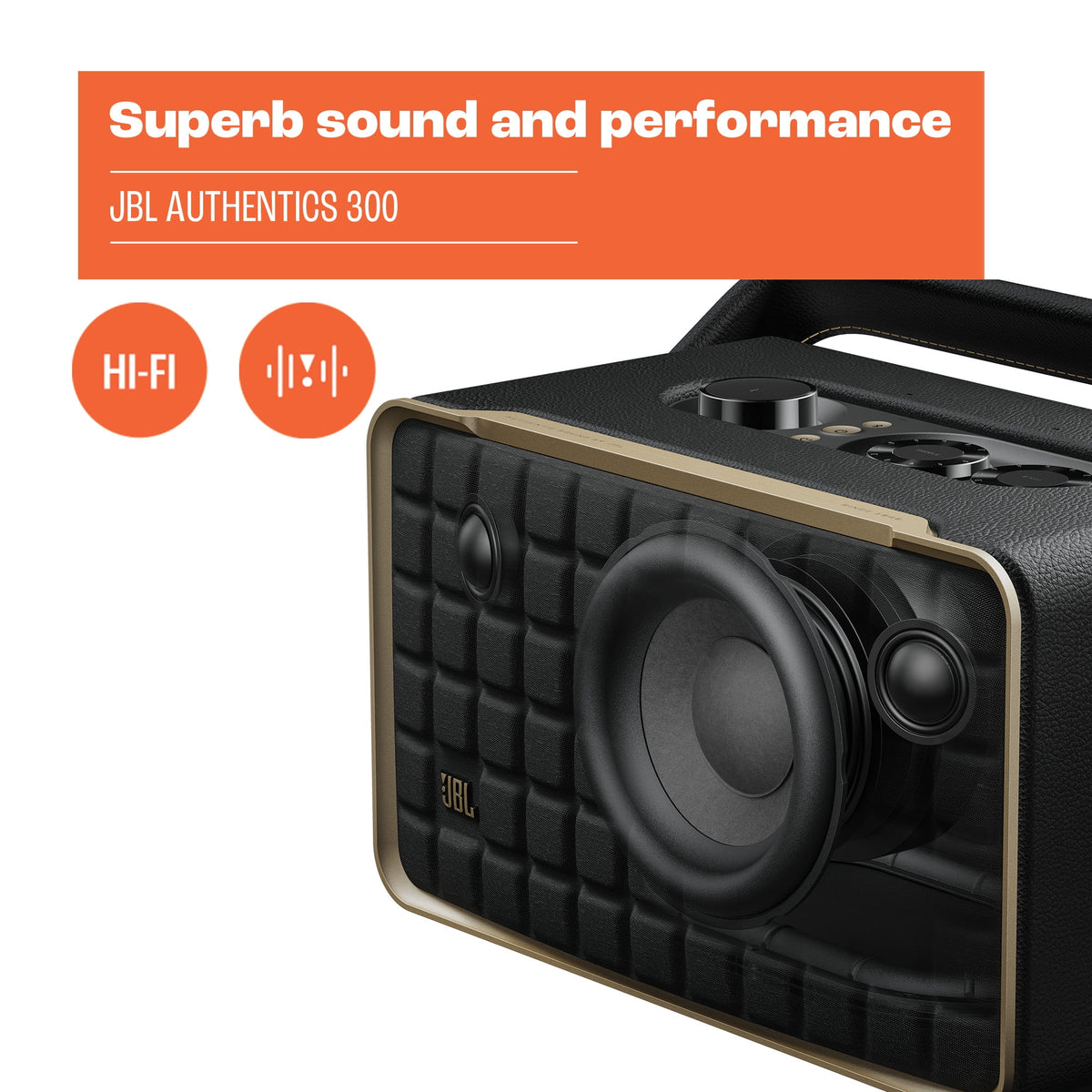 JBL Authentics 300 - Portable smart home speaker with Wi-Fi, Bluetooth and voice assistants with retro design. - Black