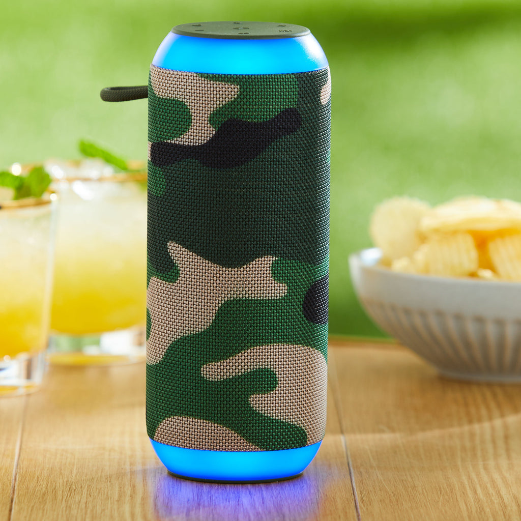 onn Large Rugged Speaker with Bluetooth Wireless Technology and LED Lighting, Camo