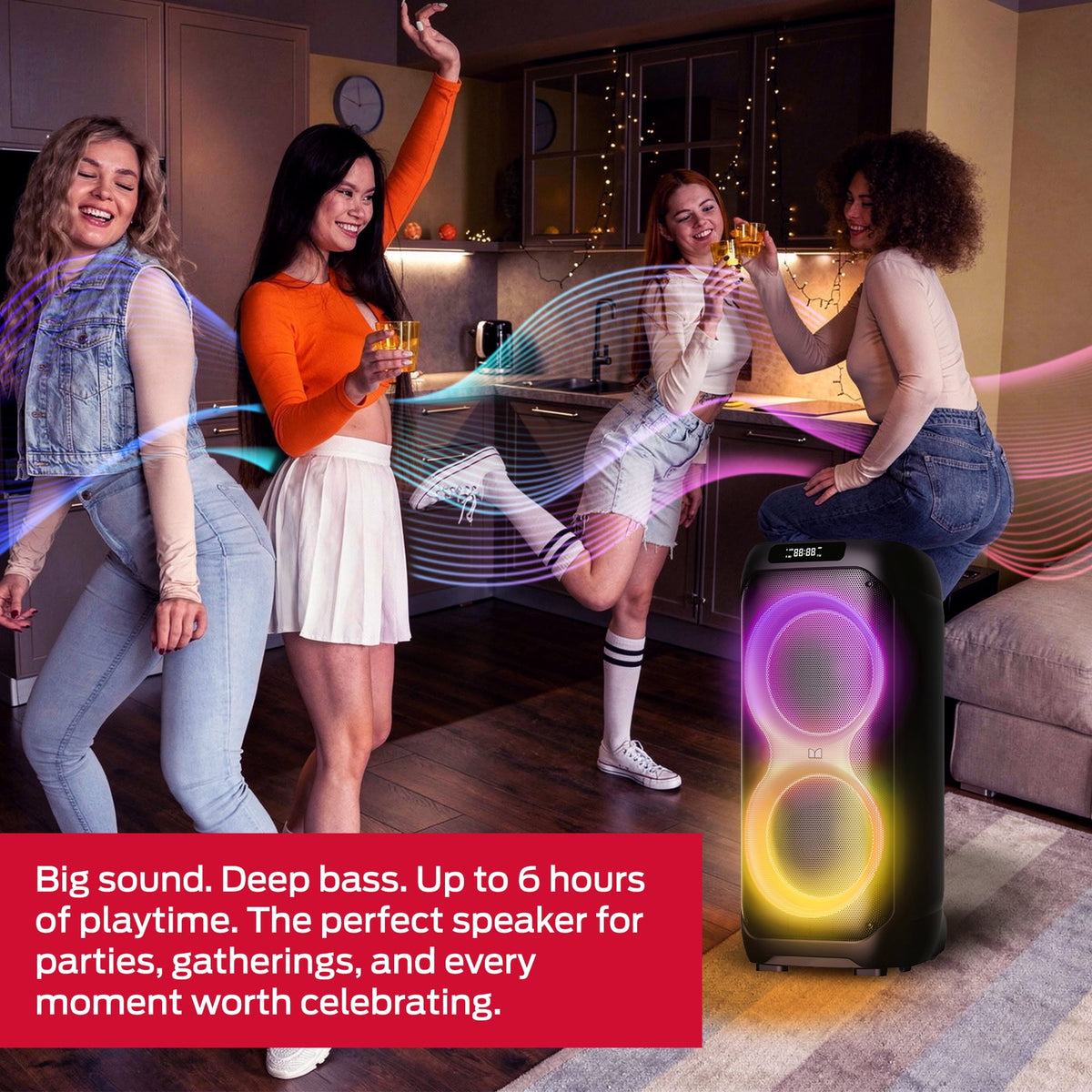 Monster Party Flux Portable Bluetooth Party Speaker, 200W Peak Power, Dual 8-Inch Drivers, RGB LED Lights, Karaoke Mode, TWS Pairing, IPX5 Water Resistant, 6-Hour Battery, Black