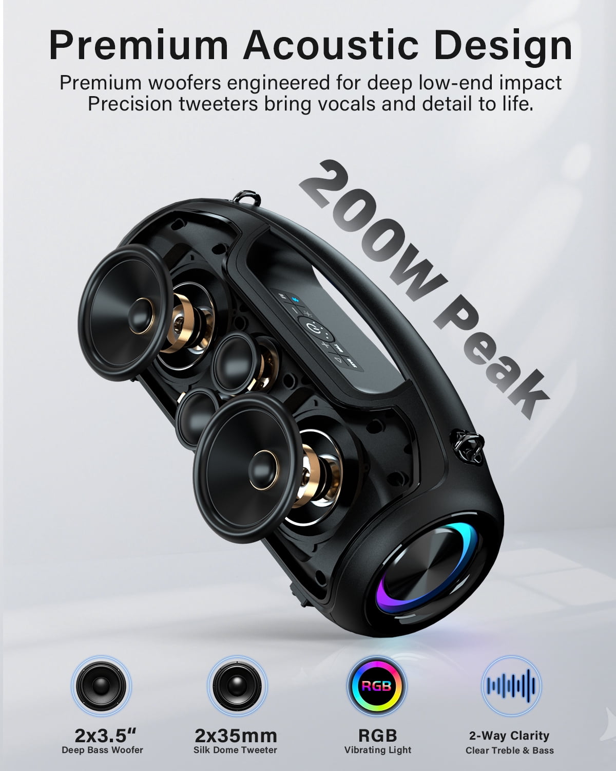 Upgrade Portable Bluetooth Speakers Wireless, 200W PEAK Loud Outdoor Speaker with Deep Bass, IP65 Waterproof, BT5.4, USB-C, RGB Lights, for Party, Camping, Beach, Large Workshop, Garage, 24H Playtime