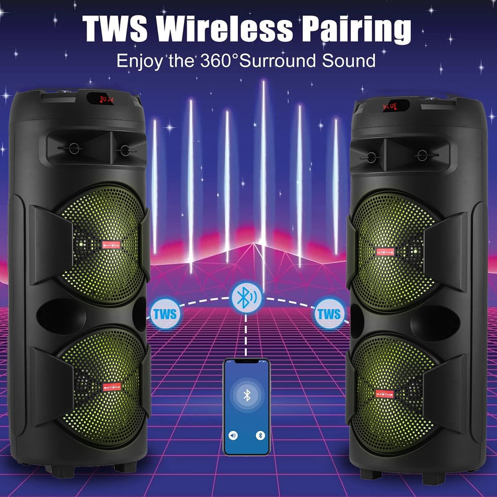 RIDWIND 4000W Peak Power Bluetooth Speakers Portable Wireless Speaker with Double 6.5 inch Subwoofer Heavy Bass,FM Radio, Microphone, Lights, Remote Control TWS Stereo Sound System Speaker