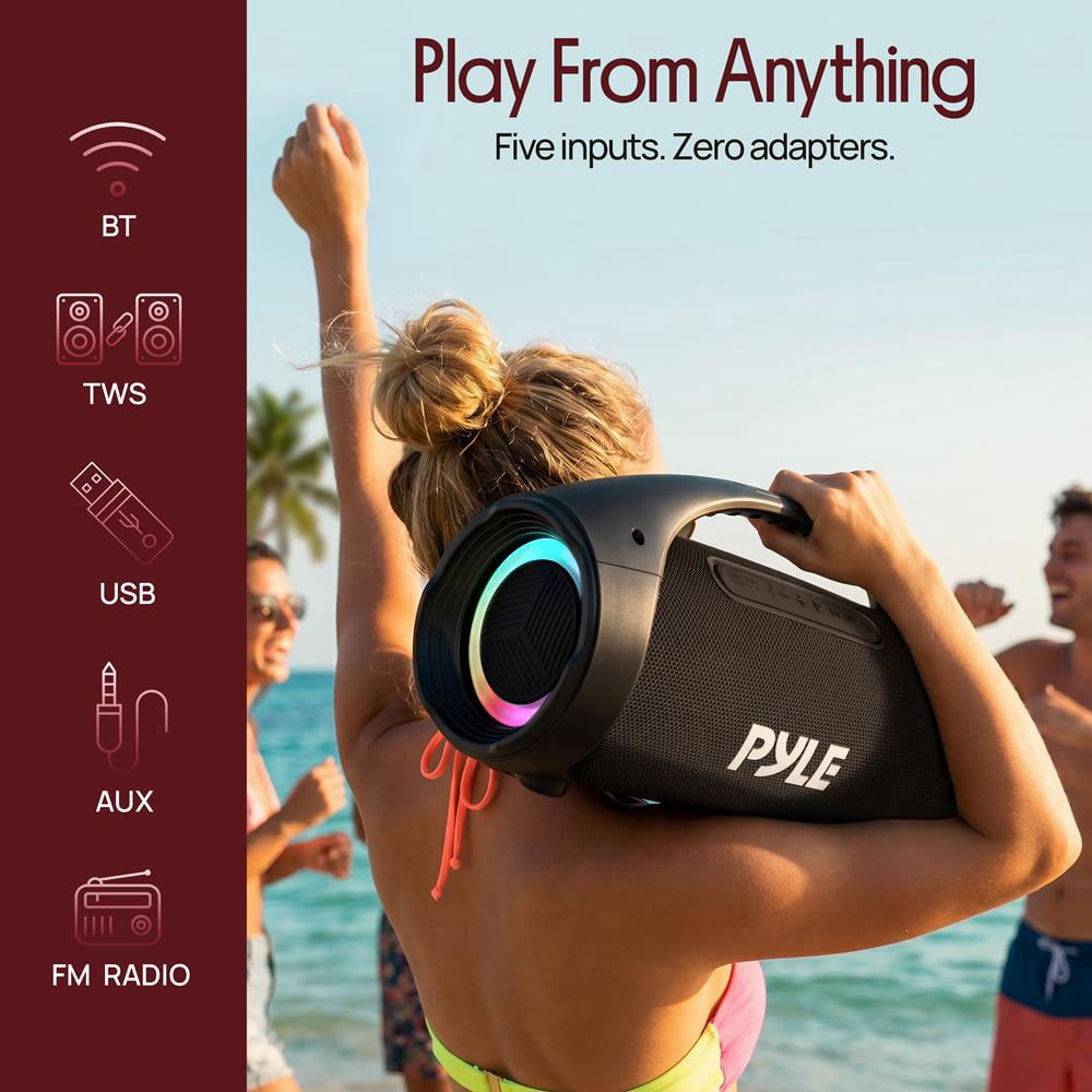 Pyle Portable Bluetooth Boombox Speaker, 100W Peak Power, 19-Hour Battery, FM Radio, USB Playback, AUX Input, TWS Pairing, LED Lights & Carry Handle